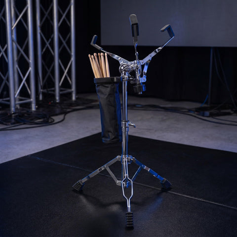 Heavy Duty Adjustable Snare Drum Stand With Rock Solid Double Braced Tripod Base And Secure Drumstick Holder made for pro stage rigs.