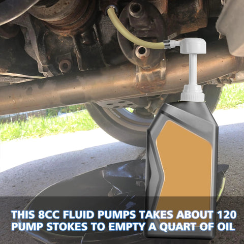 LOZAGU fluid pump on a quart bottle with white head and yellow hose used to transfer transmission fluid under a vehicle.
