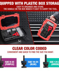 Open case of 8 Inch Rivet Nut Gun Kit for Tight Spaces with 3 Mandrels 8-32 10-24 1/4-20 and 3 Drill Bits 75 Rivnuts shown