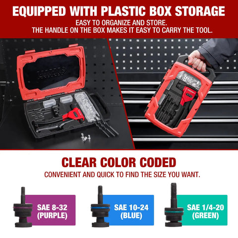 Open case of 8 Inch Rivet Nut Gun Kit for Tight Spaces with 3 Mandrels 8-32 10-24 1/4-20 and 3 Drill Bits 75 Rivnuts shown