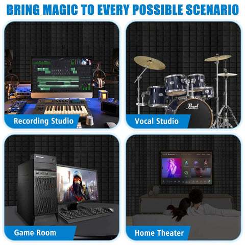 4 Pack Acoustic Foam Panels For Studio Soundproofing, 2 Inch Thick, 24 By 48 Inch Wedge Tiles in various room setups