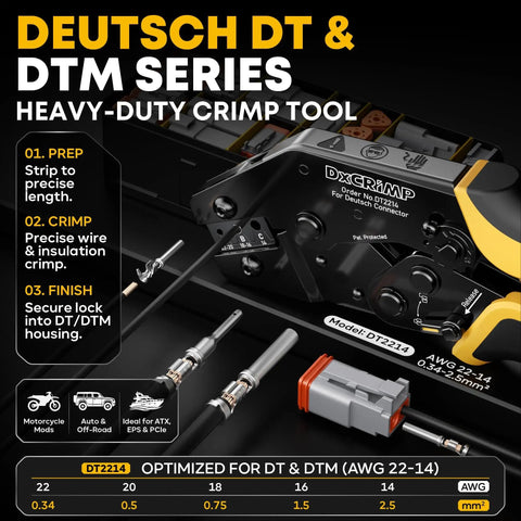 DT Series All In One Connector Crimp Tool Kit For Waterproof Automotive Electrical Connectors, tool and parts display.