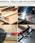Straight Up Heavy Duty Horizontal Toggle Clamps With Stainless Steel Construction And 198 Pounds Holding Power Delivering Smooth Quick Release Action Plus Protective Rubber Tips For Woodworking Jigs And Fixtures in various applications including woodworking and welding.