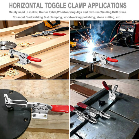 Straight Up Heavy Duty Horizontal Toggle Clamps With Stainless Steel Construction And 198 Pounds Holding Power Delivering Smooth Quick Release Action Plus Protective Rubber Tips For Woodworking Jigs And Fixtures in various applications including woodworking and welding.