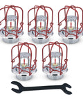 Top Shelf Heavy Duty Chrome Fire Sprinkler Head Horizontal Upright Spray Kit With 1/2 Inch NPT Pipe Thread Fast Trigger Includes Wrench Durable Guard And Flat Escutcheon 155F Glass Bulb 5 Pack Set showing five chrome sprinkler heads with red protective guards and a wrench.
