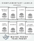 Complementary labels featuring distilled water, soap, lotion, conditioner, white vinegar, shampoo, fabric softener, and laundry detergent.