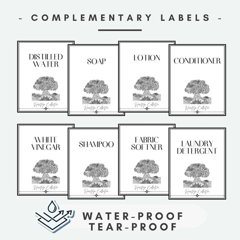 Complementary labels featuring distilled water, soap, lotion, conditioner, white vinegar, shampoo, fabric softener, and laundry detergent.