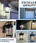 Outdoor Dope Wall Sconces Matte Black Metal Lanterns With Clear Seeded Glass displayed on porch and garage
