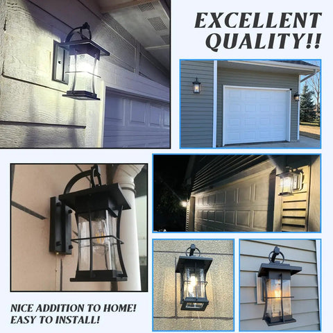 Outdoor Dope Wall Sconces Matte Black Metal Lanterns With Clear Seeded Glass displayed on porch and garage