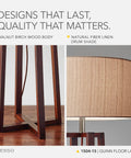 Close-up of walnut birch wood base and natural linen drum shade on walnut birch wood floor lamp with natural linen drum shade three way dimmable light for bedroom and living room modern minimalist crisscross base 60 inch tall cozy vibe for home decor.