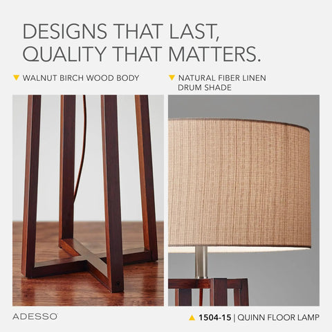 Close-up of walnut birch wood base and natural linen drum shade on walnut birch wood floor lamp with natural linen drum shade three way dimmable light for bedroom and living room modern minimalist crisscross base 60 inch tall cozy vibe for home decor.