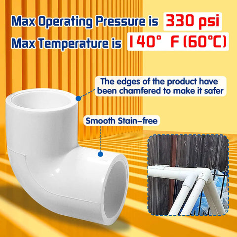 Four Piece Two Inch PVC Elbow Fittings 90 Degree Right Angle Two Way Adapters For Sch 40 PVC Pipe in a smooth, stain-free finish.