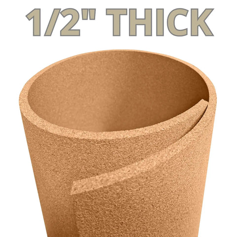 Premium Natural Cork Roll Four Feet By Twenty Four Feet Long Half Inch Thick Self Healing displaying 1/2 inch thickness detail.