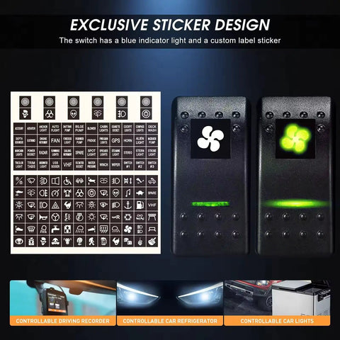 Sticker sheet and illuminated switch for 8 Gang Rocker Switch Panel With 15A Reset Circuit Breaker, All In One Dual USB Charger 2.1A, LED Voltmeter, Cigarette Lighter Socket, 12V 24V Waterproof Toggle Panel For Marine Boat Truck Car.