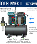 Cool Runner II Dual Fan Airbrush And Compressor Kit with labeled dual fan system and air-on-demand feature.
