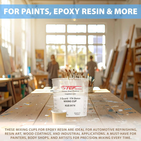 5 Quart Plastic Mixing Cups Set, 12 Pack For Paint, Automotive Coatings, Epoxy Resin, Acrylic Arts and Crafts on workshop table