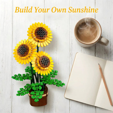 Vibrant Floral Building Set With Vase For Adults Grown Up Friendly Compatible With Lego Flowers 739 Pieces Botanical Home Decor Kit with sunflower arrangement