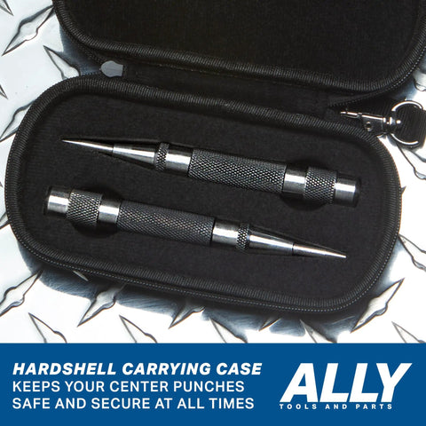 Heavy Duty Automatic Center Punch Set For Metal By ALLY Tools with two punches in hard shell case on metal surface