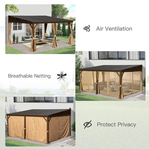 12x16 Ft Lean To Gazebo With Hardtop Roof For Patio And Backyard, Wall Mounted Outdoor Shelter With Curtains And Netting Installed