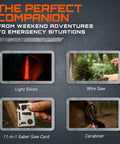 All-In-One 175-Piece Survival Kit With First Aid for Outdoor Adventures and Emergencies showing light sticks, wire saw, saber saw card, carabiner