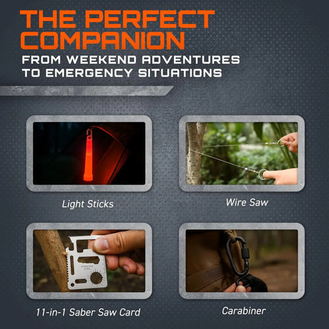 All-In-One 175-Piece Survival Kit With First Aid for Outdoor Adventures and Emergencies showing light sticks, wire saw, saber saw card, carabiner