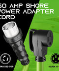Heavy Duty 50 Amp RV Shore Power Adapter Cord 4 Prong Twist Lock NEMA SS2 50P To 14 50R ends shown on green cable