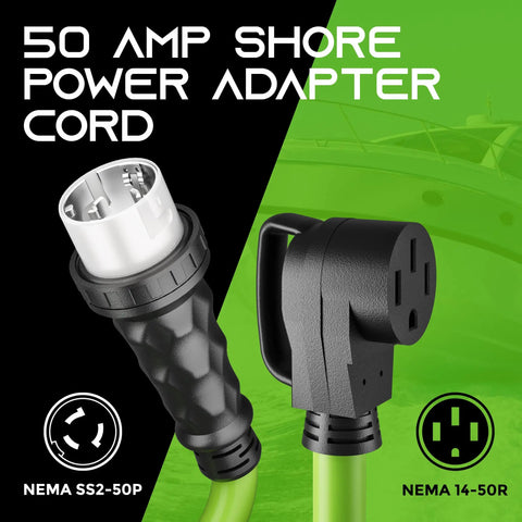 Heavy Duty 50 Amp RV Shore Power Adapter Cord 4 Prong Twist Lock NEMA SS2 50P To 14 50R ends shown on green cable