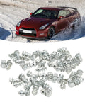 Heavy Duty Tungsten Steel Screw In Tire Studs Deliver Killer Traction And Rock Solid Skid Control For Cars Trucks Forklifts And Motorcycle Applications, set of 50 studs on snow background.