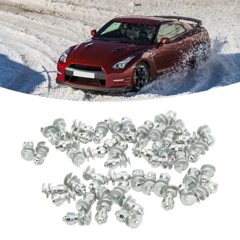 Heavy Duty Tungsten Steel Screw In Tire Studs Deliver Killer Traction And Rock Solid Skid Control For Cars Trucks Forklifts And Motorcycle Applications, set of 50 studs on snow background.