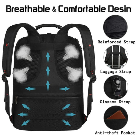 Back view of Go To Extra Large Laptop Backpack 55L 60L For Travel And Gaming, highlighting breathable straps and anti-theft pocket.