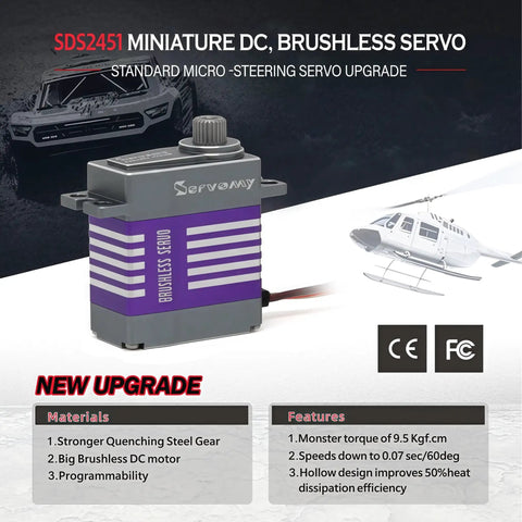 Beefed Up Micro Brushless Servo Motor SDS2451 With Full Metal Case, 9.5Kg Torque, 0.07s Response displayed with specification highlights