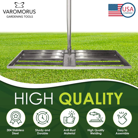 Stainless Steel 30 Inch Lawn Level Rake Pro Grade Yard Tool with 304 stainless steel showcasing high quality features