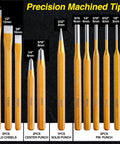 12 Piece Punch And Chisel Set Beefy Heavy Duty Heat Treated Metal Punches Including Cold Chisel Taper Punch Pin Punch Center Punch For Mechanics Woodworking Stone Carving With Storage Case 40Cr Steel Anti Rust Finish, precision tips displayed.
