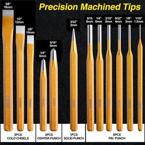 12 Piece Punch And Chisel Set Beefy Heavy Duty Heat Treated Metal Punches Including Cold Chisel Taper Punch Pin Punch Center Punch For Mechanics Woodworking Stone Carving With Storage Case 40Cr Steel Anti Rust Finish, precision tips displayed.