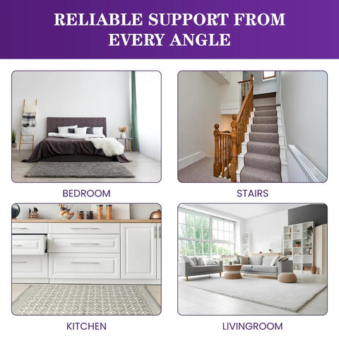 Four home areas used for 16Pcs Non Slip Rug Grippers With Triangular Design For Hardwood Floors And Carpet Tape For Area Rugs Keeps Rugs In Place And Stays Put Prevents Curling No Damage To Floors Low Profile Easy Install Great For Living Rooms.
