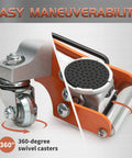 Close-up of Low Profile 2 Ton Floor Jack With Aluminum And Steel Build, Dual Pump System, showing orange hydraulic jack with caster wheels.