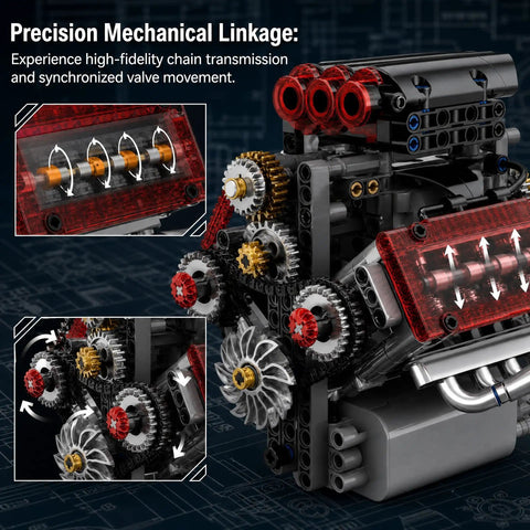 Mechanical V8 Engine Model Kit With Transparent Display 478 Pieces Realistic Piston And Crankshaft Motion Totally Hands On STEM Project Collectible Desk Decor, gears and clear covers