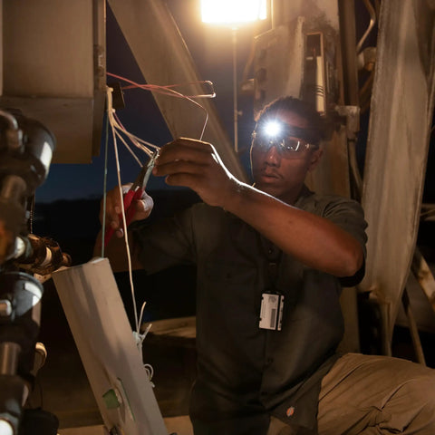 Man using Remix LED Headlamp With 300 Lumens Multicam Camouflage Red Green And Blue LEDs And White Spotlight for night work