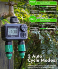 Two Zone Garden Hose Sprinkler Timer With Dual Channel Control attached to garden tap, displayed with settings panel