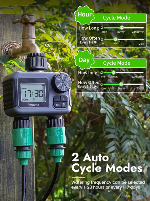 Two Zone Garden Hose Sprinkler Timer With Dual Channel Control attached to garden tap, displayed with settings panel