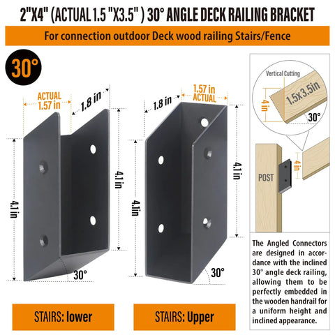 Heavy Duty Stainless Steel Deck Railing Brackets And Connectors For Standard 2X4 Wood Posts Adjustable Stair Angle Mounts 30 degree.