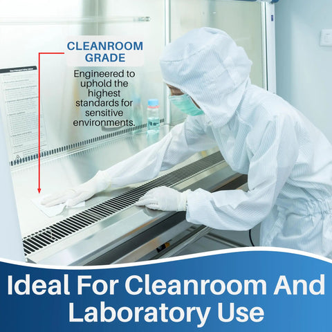 Top Shelf Low Lint Cleanroom Wipes 9 By 9 Inches 300 Count used for cleaning in a lab environment, showcasing cleanroom grade quality.
