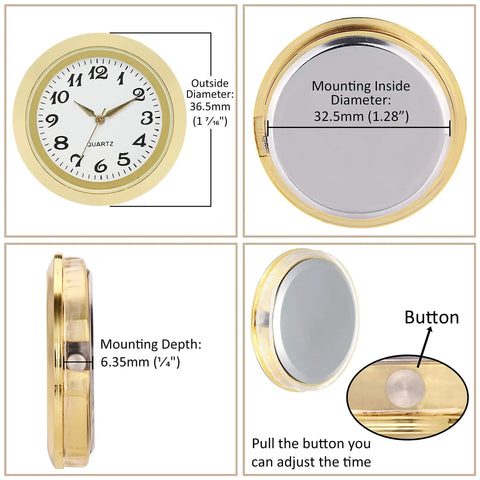 Mini Clock Insert 1 7/16 Inch Quartz Movement With White Dial, Gold Tone Bezel And Arabic Numerals, Tiny Round Fit Up Clock Face