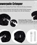 Diagram showing Beefed Up Ratcheting Wire Crimping Kit With 15 30 45 Amp Power Connectors and tool parts for DIY projects.