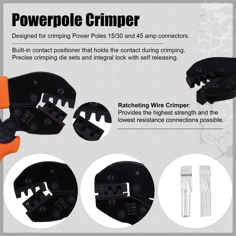 Diagram showing Beefed Up Ratcheting Wire Crimping Kit With 15 30 45 Amp Power Connectors and tool parts for DIY projects.