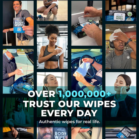 Collage of people using Body Wipes For Men After Gym No Rinse Shower Sheets Full Body Cleanse with 1,000,000+ trust text.