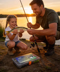 Father and daughter fishing at sunset with Starter Bass Fishing Tackle Kit For Kids And Beginners With 75 Pieces No Junk Fillers Lures