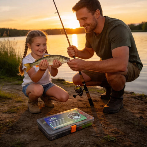 Father and daughter fishing at sunset with Starter Bass Fishing Tackle Kit For Kids And Beginners With 75 Pieces No Junk Fillers Lures