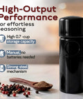 Unicorn Pepper Mill By Tre Spade Premium Kickin Manual Pepper Grinder with steel burrs and black finish on a kitchen counter.