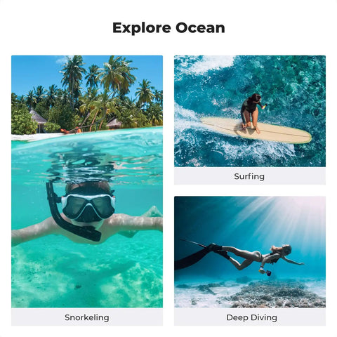 Explore Ocean collage with snorkeling, surfing, deep diving images for 60M Waterproof GoPro Case For Hero 13 Black And Hero 12 11 10 9.